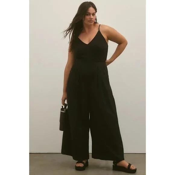 By Anthropologie High Tide Wide-Leg One-Piece Jumpsuit Dress Black M NEW 275674